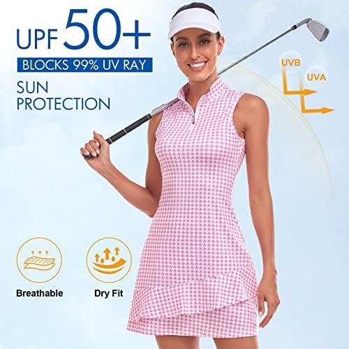 Тениски фустан од вирус за жени без ракави фустани со шорцеви и џебови, палто на патент, облеки за голф јака за голф.