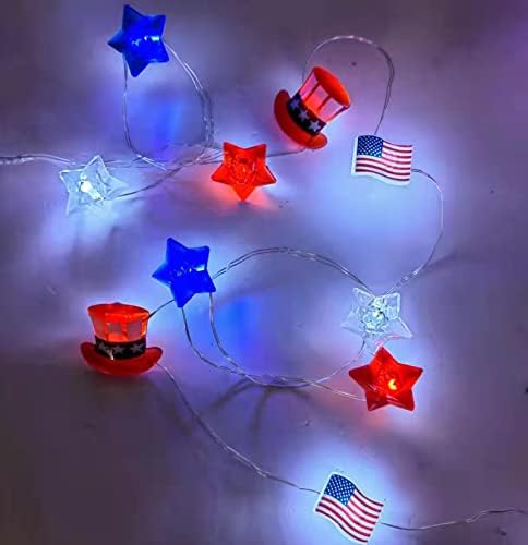 4 -ти јули декор Црвено бело сини starsвезди Стринг светла, 13 -ти 40 LED starвездени патриотски светла жица со американски знамиња транспарент,