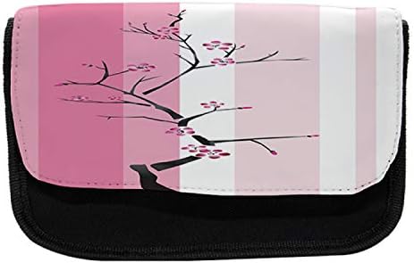 Необичен случај на јапонски молив, дрво со розови цветови, торба со молив со ткаенини со двоен патент, 8,5 x 5,5, розова бела боја