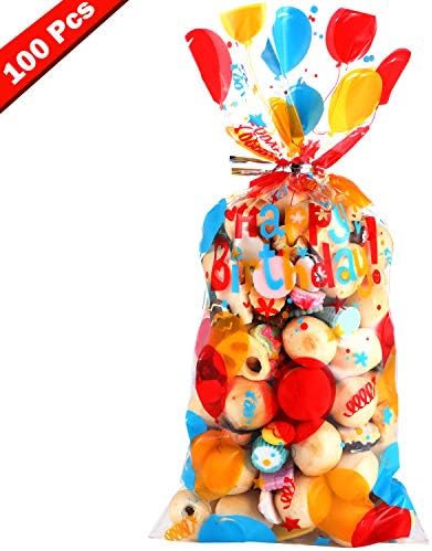 100 Парчиња Торби За Роденденска Забава Светло Балонско Печатење Проѕирен Пластичен Целофан Бонбони Кеси За Подароци Со 100 Парчиња Сребрени