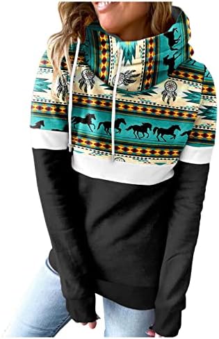 Womenените со долги ракави врвови на обична марама јака племе печатено џемпер за џемпери за лепење на лепенка лабава маици со маици