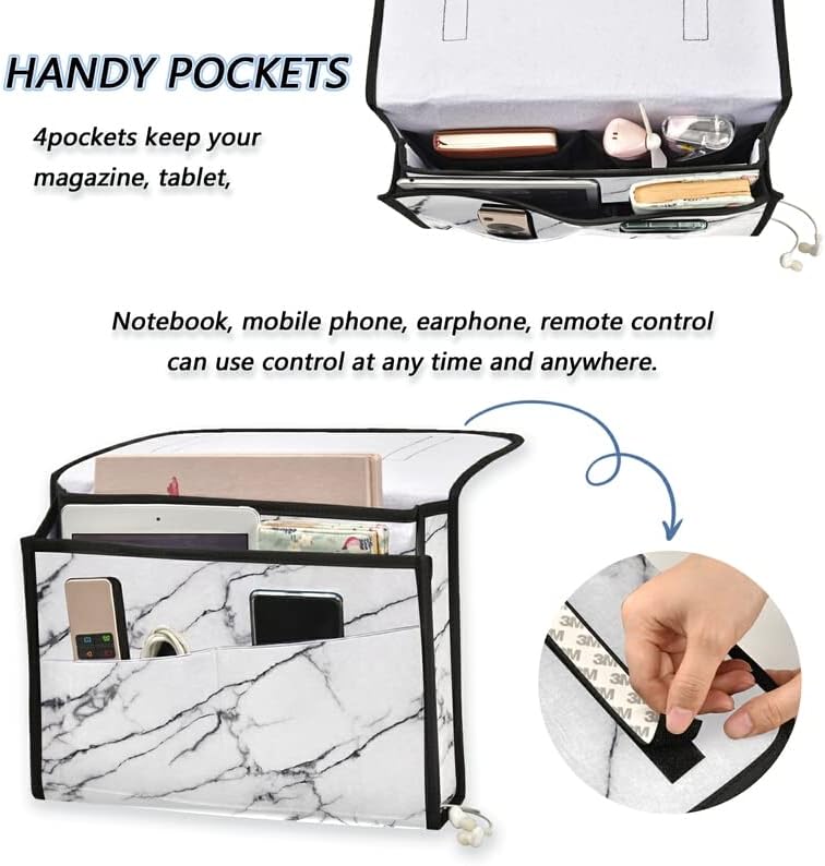 Zoeo Bedidide Caddy White Merble Design Bed Storage Grader 5 Pocket за далечински управувач со книги за далечински управувач, мобилни
