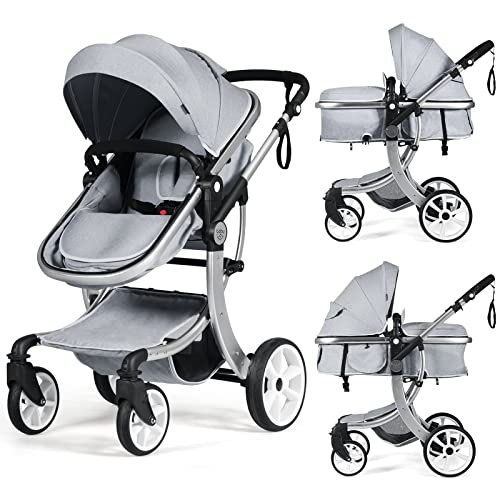 Бебе радост 2-во-1 висок пејзаж шетач за бебиња, реверзибилен шетач за лепење на басинет, преклопен стол за притискање w/прилагодлива крошна,