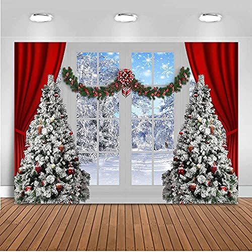 Моксичка Божиќна позадина бела прозорец прашка снежна елка црвена завеса снегулка зимска Божиќна забава декорација снег природна