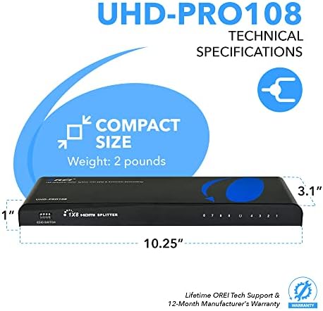 OREI 4K 1 во 8 Out HDMI Splitter/DownScaler 4: 4: 4 8-битни-HDMI 2.0, HDCP 2.2, 18 Gbps, 4K @ 60Hz HDMI дупликатор/дистрибутер Ultahd High
