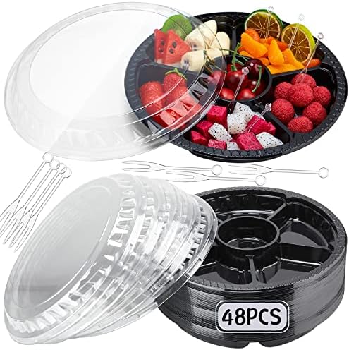 Мимору 48 парчиња тркалезна пластична вегетарија со капаци, фиока за сервирање за еднократна употреба, Овошје 6 Сегментални капаци