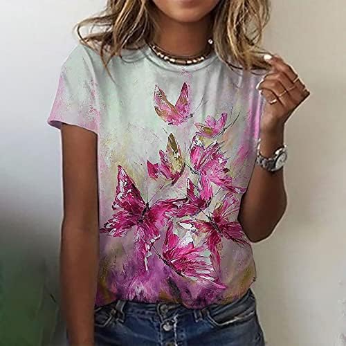 Lcepcy женски летен маица шарени кошули за боја, тркалезни пеперутки печати врвови со кратки ракави, обични блузи