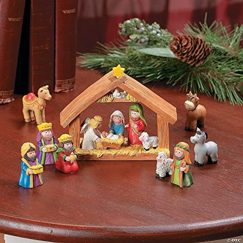 Мини Божиќ Рождество Сет - 9 Парче сет вклучува Јасли и 8 Фигурини-Детска Декорација-Смола Материјал, 5 х 6 Јасли 2 Фигури