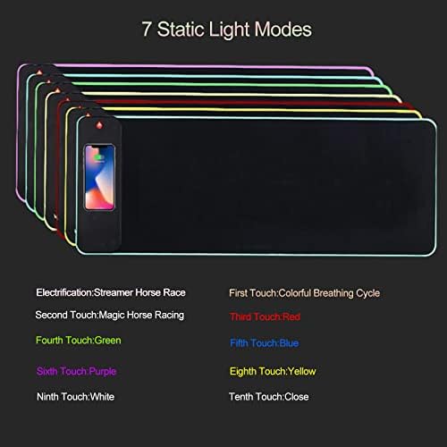 Cooskin 10W RGB Безжично Полнење На Глувчето Рампа, 800 x 300mm x40mm Големи Игри Глувчето Рампа Мат, RGB Глувчето Рампа Со Безжично Полнење 7 Статички Режими На Светлина и 3 Динамич