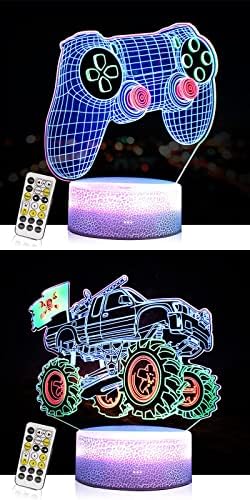3D GamePad Night Light Monster Truck Night Light For Kids, 3D илузија ламба 7 Боја се менува со далечински, роденденски подарок