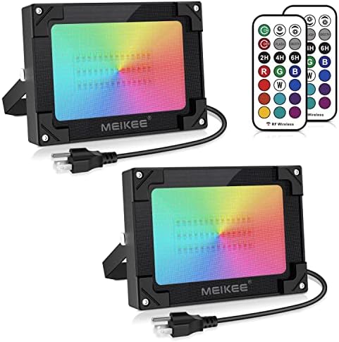 Meikee 2 пакет RGB LED светла за поплави 600W еквивалент, 60W боја што се менува во поплавување со далечински управувач, IP66 водоотпорна светлина