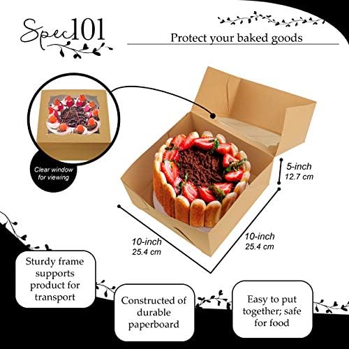 Spec101 Квадратни Кутии За Торта Со Прозорец - 15pk Контејнер За Торта За Еднократна Употреба Со Табла За Торта, Кутии За Торта Крафт Браун 10x10x5in