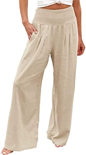 Еластични панталони со ширина на половината за жени пукнаа висока половината лабава удобна панталони за плажа дами обични палацо панталони со џебови