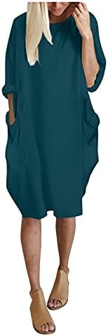 Лабава фустан женски тркалезен врат, обичен колен со колена должина на коленото, солидни џебни фустани во боја, плус големина пок