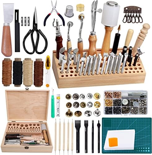 Jupean 458 парчиња кожни комплети, алатки за работа со кожа, алатки и материјали од кожа со инструкции, држач за алатки, сет на кожни марки, Prong