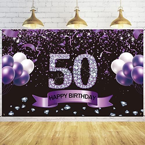 Трговаул Среќен 50-Ти Роденден Украси за неа, Виолетова Среќен 50 Роденден Позадина Банер За Жени, 50 Години Бдд Забава Материјали