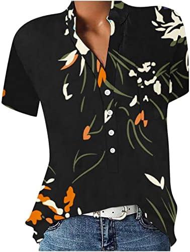 Копче кошула за жени цветни печати лето маица Краток ракав против кошули со вратот 2023 модна блуза Туники за дами