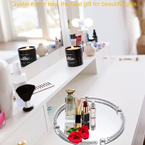 Кристална стаклена сад lfgkeng, огледало модерна козметичка послужавник со скршени дијаманти, 10 x 10 кружен сад за парфеми за накит