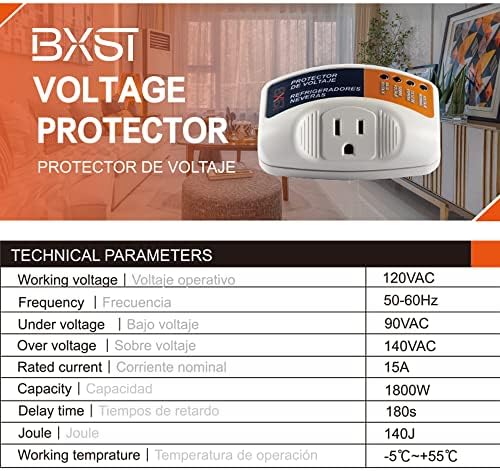 BXST Еден излезен приклучок во заштитник на напон за дома штити од заштитник со висок и низок напон за фрижидер/ТВ/компјутер 120V 1800W…