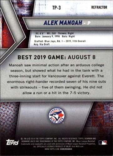 Најдобри врвни изгледи за 2019 година на Bowman Refractors TP-3 Alek Manoah Toronto Blue Jays RC RC Dookie MLB Baseball Trading Card