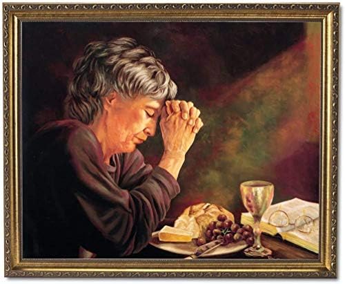 Благодарност стара дама што се моли на трпезариска маса секој леб жена врамена 8x10 уметнички принт