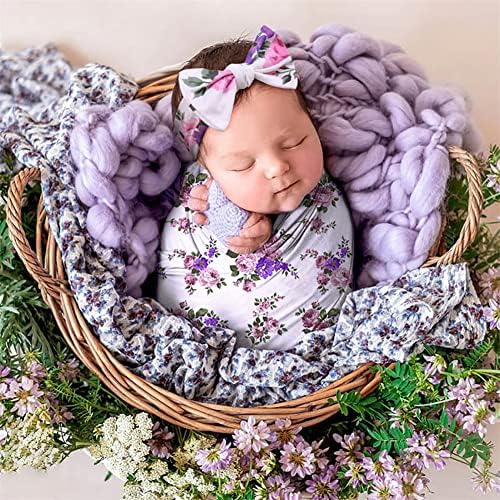 Примање ќебиња за бебе девојки Swaddle Clain со лента за глава поставено за 0-3 месечно памучно плетено новороденче завиткано завиткање Совршен