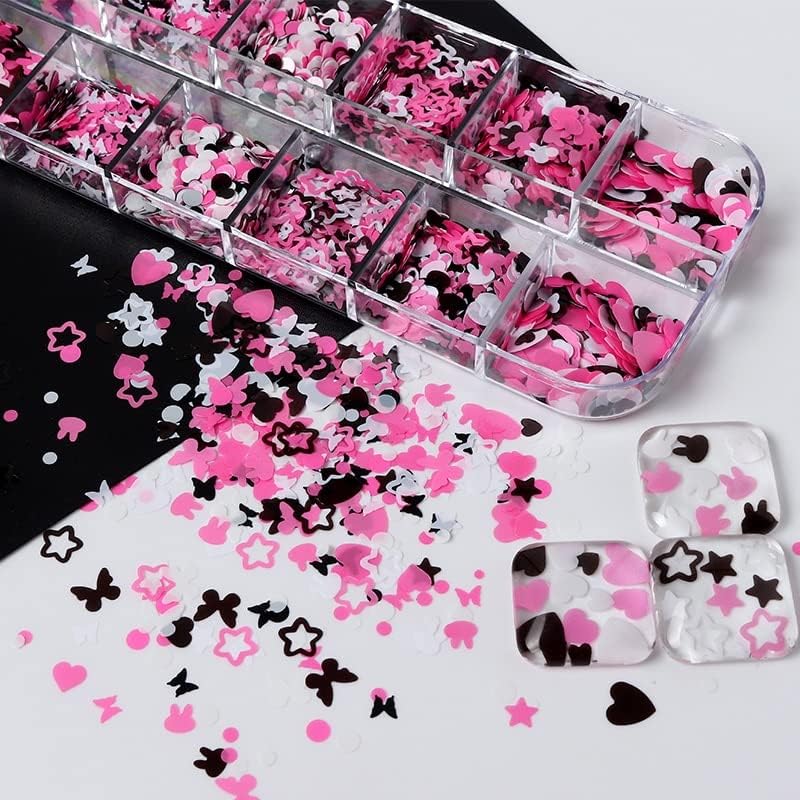 1 сет црно розово мешан сјај за сјај за нокти додатоци 3Д starвезда пеперутка срца Дија декорација за гел за лак за нокти - дизајн