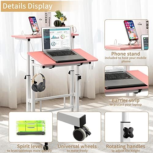 Siducal Mobile Stand Up Desk, прилагодлива лаптоп биро со тркала, работна станица за домашна канцеларија со USB порти и места, количка