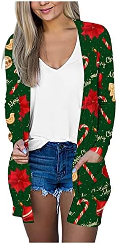 Beuu Божиќни кардигани за жени лесни долги ракави солидна боја врвови на обични отворени предни прекривки со џеб со џеб