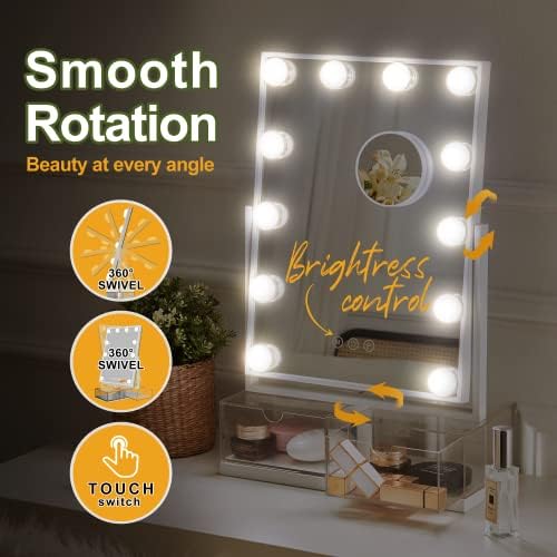 Nicbex Makeup Vanity Mirror со светла, огледало за шминка во Холивуд со затемнето 12 LED светла, паметен допир со 3 бои прилагодување и без