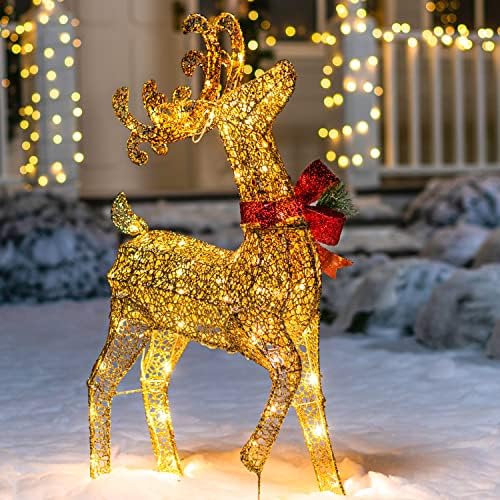JOEDOMI 3FT ткаенина злато ирваси на ирваси нагоре 60 LED топли светла бел двор за Божиќни украси на отворено, градинарски украси, декорација