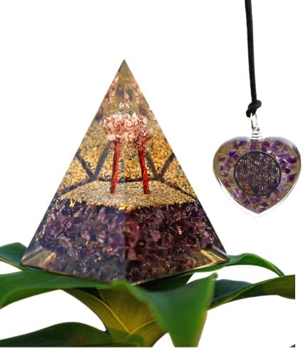 Аметист оргонитна пирамида и ѓердан Кристал Поинт, пирамида за подароци, лековити кристали, медитација на чакра, круна Чакра, Метафизички