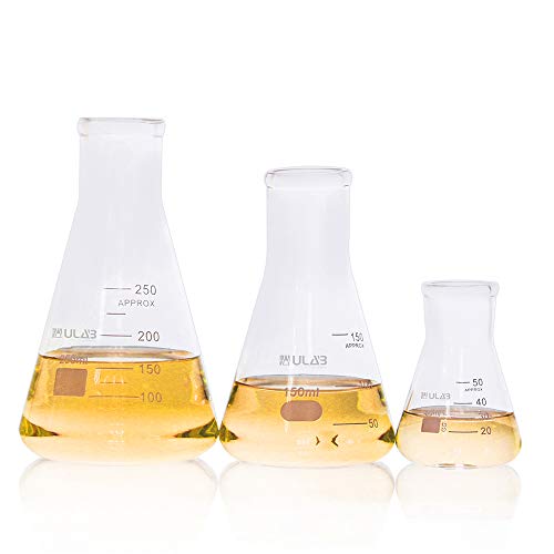 Улаб научно тесно уста стакло Erlenmeyer Flask Set, 3 големини 50 ml 150ml 250ml, 3,3 боро со печатена матура, UEF1001