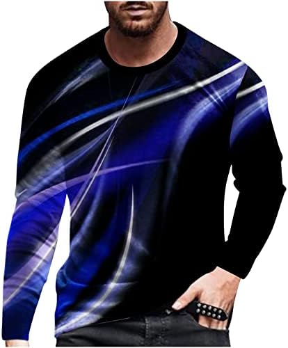Кошули со долг ракав за мажи Обичен тркалезен врат пулвер линија 3Д печатени кошули за компресија на блуза за мажи за мажи