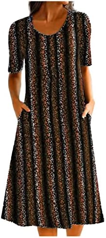 Летни фустани на wpoumv за жени леопард печатење вратоврска боја фустан со кратки ракави екипаж на вратот на вратот на вратот