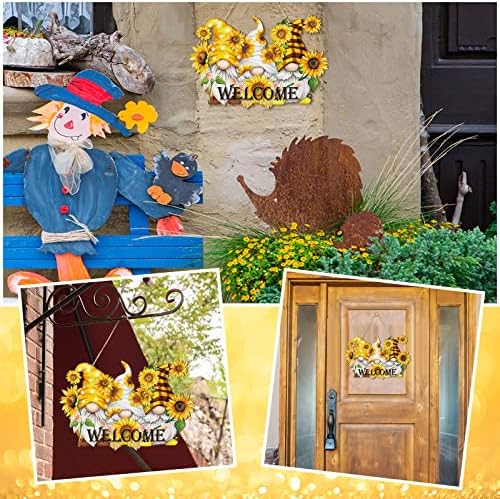 Сончоглед добредојде дрвена врата закачалка дрвена гном знак фарма куќа wallид трем уметност лето есен влезен врата венец виси