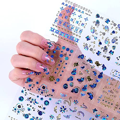 22 листови налепници за уметност со злато нокти со 24 чаршафи налепници за уметност со сини нокти