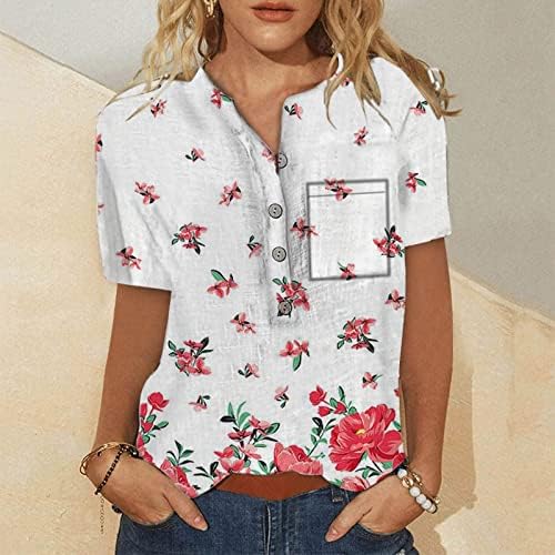 Bluseенски плус големина блузи со кратки ракави за кратки ракави V-вратот на лисјата за печатење блузи лабави вклопувани графички
