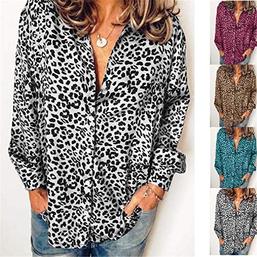Andongnywell женски обични v врат блузи со долги ракави копче леопард кошули основни врвови удобност лабави блузи