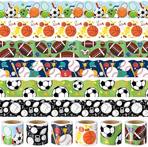 6 ролни за спортски билтени граници на 157,4 стапки Спортски топки Билтен табла налепници Scalloped Граничен облик за спортска тематска