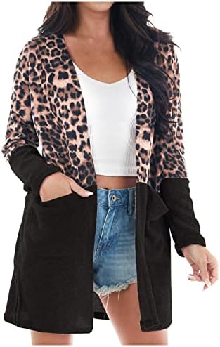Women'sенски леопард печатен кардиган случајна боја блок со долг ракав Отворен преден лесен палто за надворешна облека