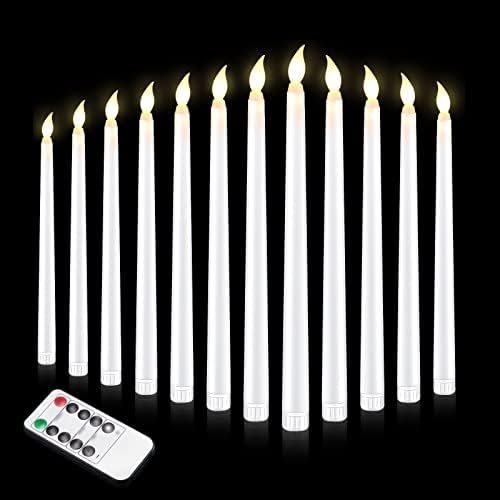 12 парчиња бели светилки со бели бели светла со 10 клучни далечински тајмер 3D фитили кои треперат реални свеќи за прозорци,
