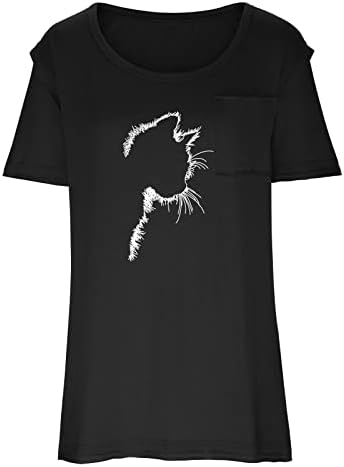 Кошули за жени испрскани кратки ракави летни врвови лажички вратот Симпатична мачка графичка маичка лабава основна блуза врв