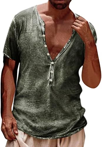 XXBR Менс потресени кошули на Хенли предна плоча Ретро етинк Кратки ракави маички Обични копче надолу измиени маици