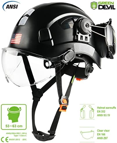 Безбедност на шлемот Хард капа со заштита на визир и уво прилагодлива лесна ввратинска апс работна кацига за мажи и жени со 6 точки суспензија