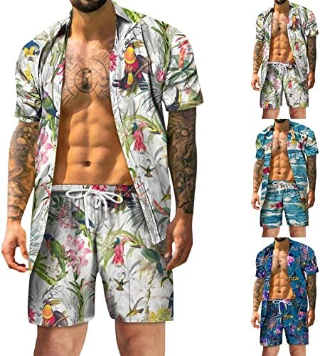 XZHDD мажи 2 парчиња Хавајска облека поставува лето копче за кратки ракави надолу графички печатење кошула плажа обична алоха шорцеви