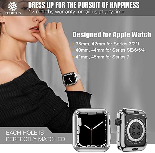 Случаи TOP4CUS 45мм компатибилни со Apple Watch, 45mm TPU Cover и PC Case со заштитен стаклен екран заштитник, за серија 7, сребрена кутија и бела+ сребрен раб кутија