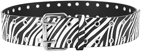 Женски факс кожен половината појас Зебра печати двојно влечени дупки панк -лента за половината за фустани за панталони со фармерки