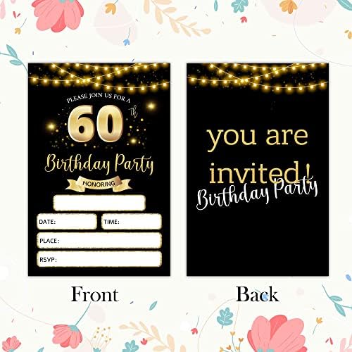 RLCNOT 60 -ти роденденски покани картички со коверти сет од 20 - класични покани за роденден на црно злато за тинејџери, возрасни, маж, жена,