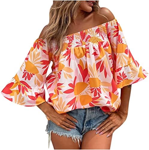 Цветен графички кошула за блузи женски краток 3/4 bellвонче од рамо од рамо на плажа за одмор Основна лабава кошула за вклопување IX